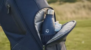 Insulated drinks pocket on a golf bag for keeping refreshments cool during a round.