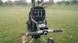 Versatile lightweight golf bag secured securely onto a push-trolley for a round.