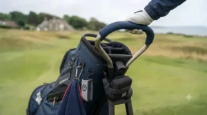 Ergonomic top-lift handle on a cart-friendly golf bag for easy lifting into a car boot.