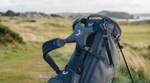 Close-up of comfortable, padded double strap system on a lightweight golf carry bag.