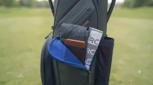 Side profile of a lightweight golf bag showing accessible storage pockets.