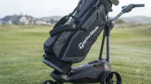 A lightweight TaylorMade cart bag designed for easy transport on UK electric golf trolleys.
