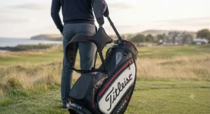 Lightweight Titleist Sunday carry bag slung over a golfer's shoulder for a quick 9-hole round after work.