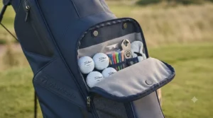 Magnetic golf bag pocket for quick, one-handed access to tees and ball markers.