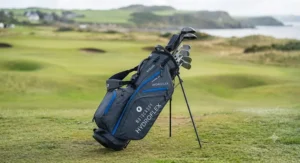 Anti-twist bag base and retractable legs designed for both trolley and carry use on the Motocaddy HydroFlex.