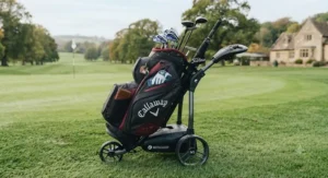 The Callaway Org 14 cart bag securely fitted onto a standard electric golf trolley.