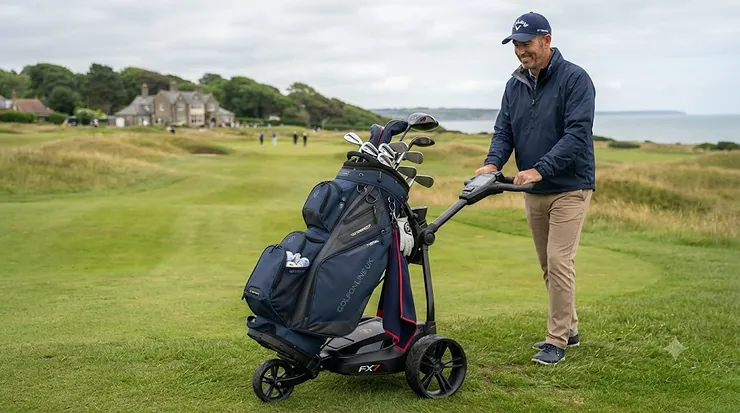 A premium cart-friendly golf bag securely mounted on an electric golf trolley, showing easy pocket access. cart-friendly golf bag