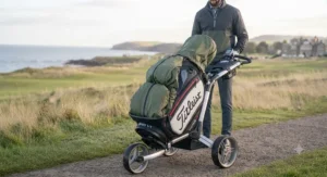 Professional Titleist tour staff bag featuring classic branding, similar to those used by top players on the European Tour.