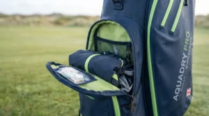 A display of the large side storage pockets on the golf bag.