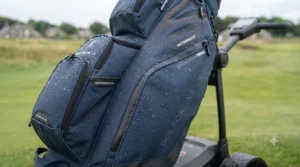 The reinforced anti-twist base of a cart-friendly golf bag designed for trolley stability.