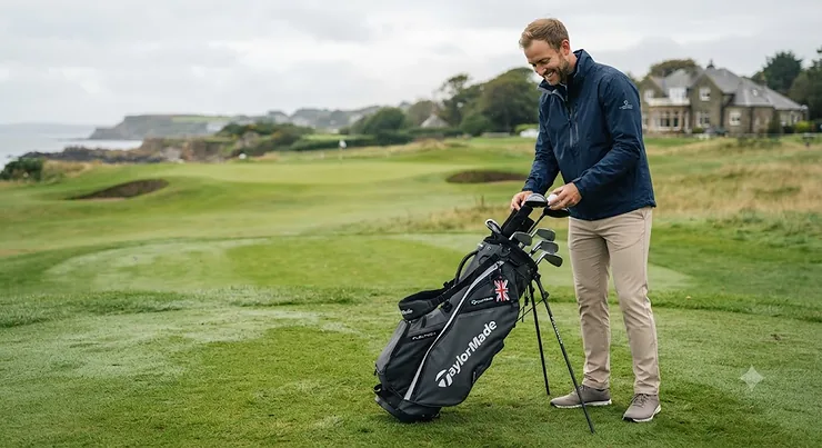 Golfer with a TaylorMade FlexTech stand bag on a British links course. TaylorMade FlexTech stand bag