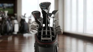 The 14-way divider system on a TaylorMade golf bag, keeping clubs organised during a round of golf.