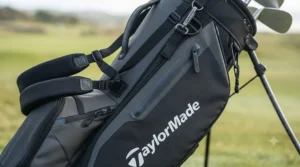 Close-up of the TaylorMade golf bag’s ergonomic strap system and waterproof zips for UK conditions.