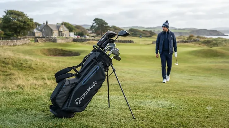 A premium TaylorMade golf bag displayed on a lush British golf course, perfect for carrying clubs in all weather. TaylorMade golf bag