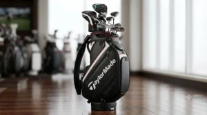 Detailed view of premium TaylorMade tour golf bag branding and high-quality materials.