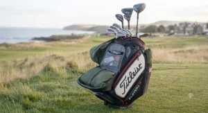 14-way club divider top on a Titleist golf bag, keeping irons and woods neatly organised and protected.