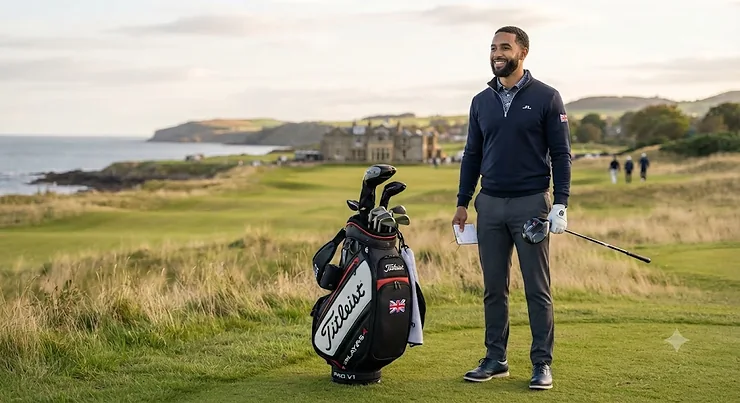 Premium black and red Titleist golf bag standing on a pristine British fairway, ideal for UK golfers seeking style and durability on the course. Titleist golf bag