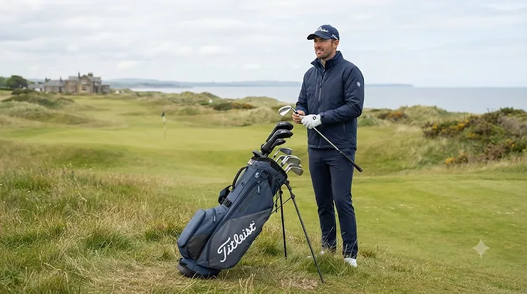 A golfer in a navy waterproof jacket and cap stands with his navy Titleist Players 4 stand bag on a fescue-covered British links course overlooking the sea. Titleist Players 4 stand bag