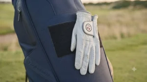 Velcro landing patch on a golf bag for securing a golf glove between shots.