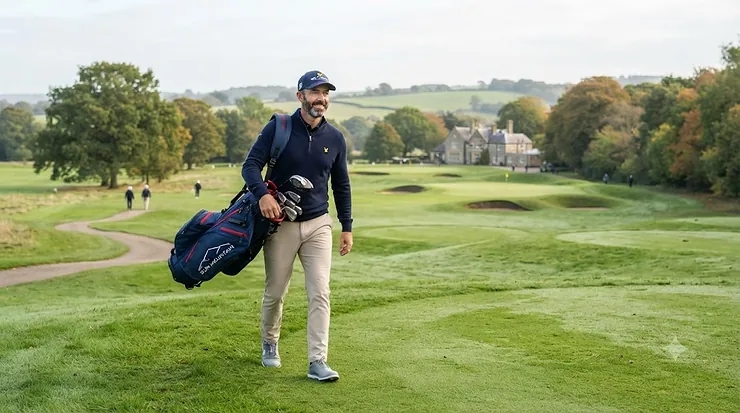 A golfer walking across a lush green golf course on a bright morning, carrying a golf bag over his shoulder, with trees and a clubhouse in the background. Sun Mountain golf bag