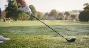 An alternate close-up shot of golf clubs neatly arranged inside a golf bag on a well-maintained fairway.
