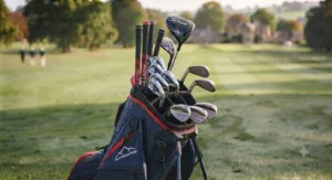 A close-up of a golfer's hands wearing a glove while holding a golf club on the course, with a blurred background of the landscape.