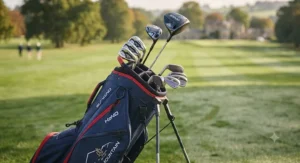 A close-up view of a golf bag loaded with clubs, standing upright on a dew-covered golf course with a scenic landscape in the distance.
