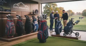 Another angle showing the harness and strap details of a stand golf bag resting on the grass.