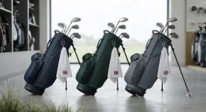 A selection of waterproof golf bags available in different classic colours for British golfers.