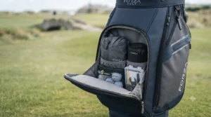 Waterproof zipped side pockets on a senior golf bag for storing waterproofs and golf balls.