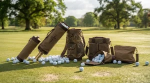 A selection of affordable golf shag bags lined up on grass, showcasing top value options for UK golfers.