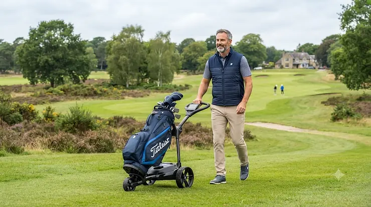 A golfer pushing a modern electric golf trolley on a lush green British fairway under an overcast sky. electric golf trolley
