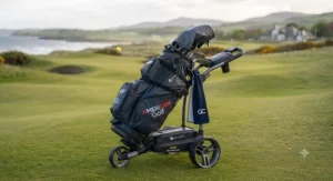 Golf cart bag securely fitted onto a modern electric golf trolley on a course.