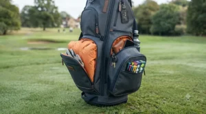 Multiple storage pockets on a cheap golf bag holding golf balls, tees, and waterproof clothing