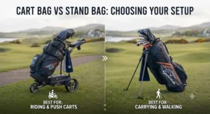 Infographic style layout helping golfers decide between a cart bag and a stand bag.