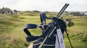 Ergonomic dual-strap system on a lightweight ladies golf bag providing even weight distribution for walking 18 holes.
