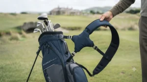 Dual padded carrying straps on a lightweight golf bag providing extra comfort for older players.