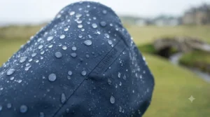 Durable and lightweight fabric on a golf bag rain cover repelling heavy rainwater.