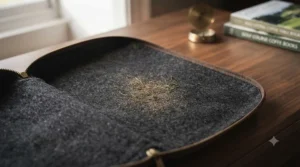 Wipe-clean interior lining of a golf shoe bag designed to clear away mud after a wet walk around the course.