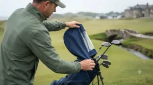 Golfer quickly putting an easy-fit waterproof golf rain cover onto their bag on the course.