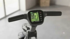 Waterproof digital colour display screen on an electric golf trolley handle showing course yardage.