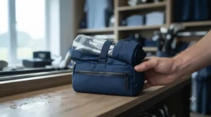 Foldable golf bag rain cover packed compactly into its waterproof storage pouch.