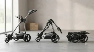 Close-up of an electric golf trolley chassis folding down compactly for easy car boot storage.