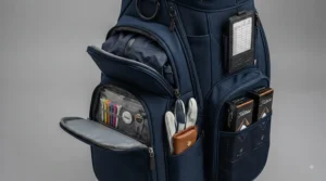Extra storage pockets on a golf bag organiser holding golf balls, tees, and a scorecard.