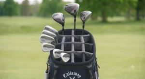 Close-up of a 14-way golf bag divider system organised with beginner golf clubs.