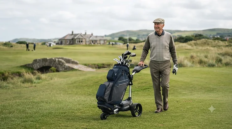 Lightweight golf trolley bag for senior players on a British golf course, featuring an ergonomic strap and easy-access pockets. golf bag for seniors