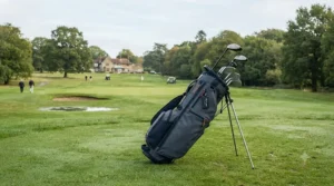Lightweight Sunday golf bag under £50 resting on a green fairway at a British golf course