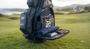 Open storage pockets and compartments on a spacious golf cart bag.