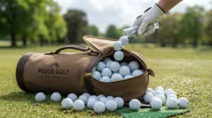 A demonstration showing golf balls being loaded into a high-capacity shag bag to highlight storage space for training routines.