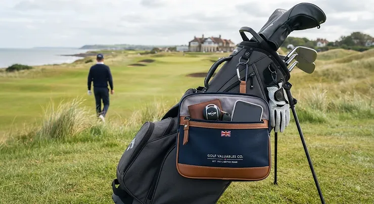 Premium leather golf valuables pouch hanging from a golf bag on a fairway, ideal for keeping tees, keys, and phones secure during a round. golf valuables pouch